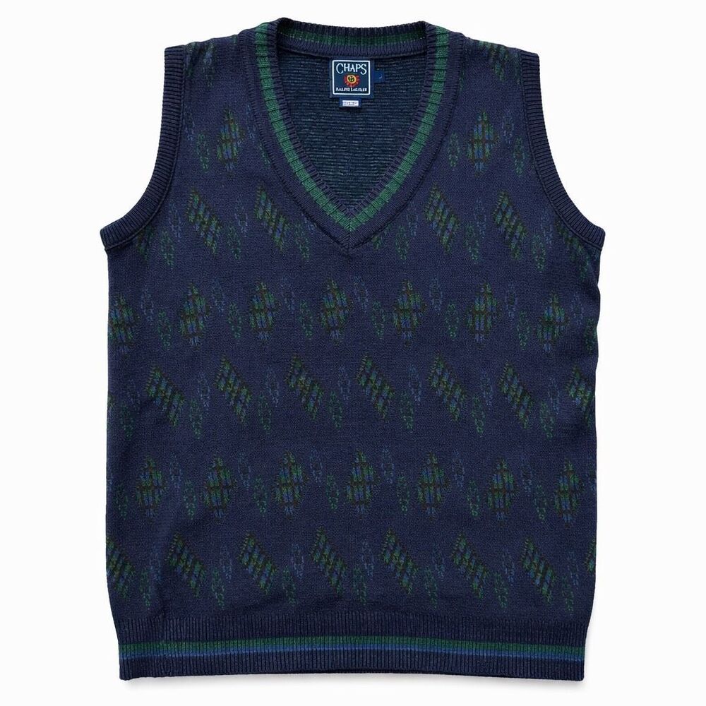 Chaps Ralph Lauren Argyle Sweater Vest Large Navy Green Cotton